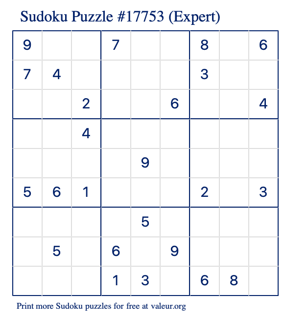 Free Printable Expert Sudoku Puzzle number 17753