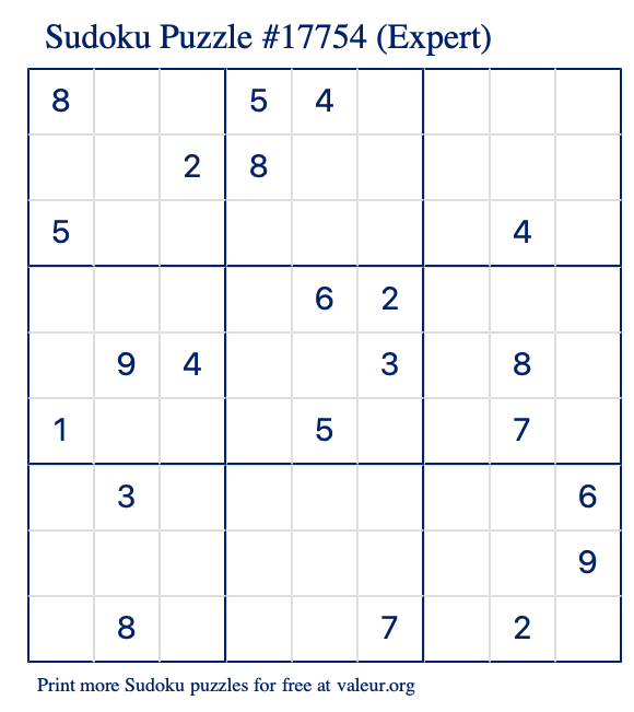 Free Printable Expert Sudoku Puzzle number 17754