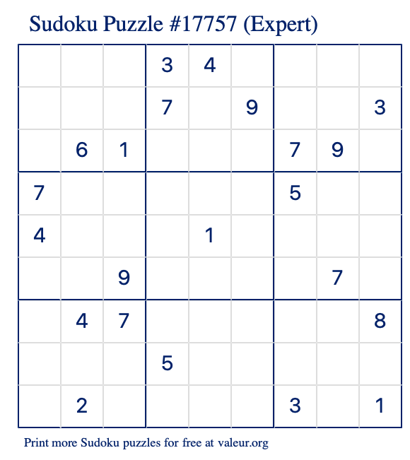 Free Printable Expert Sudoku Puzzle number 17757