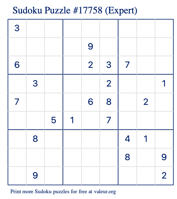 Free Printable Expert Sudoku Puzzle number 17758