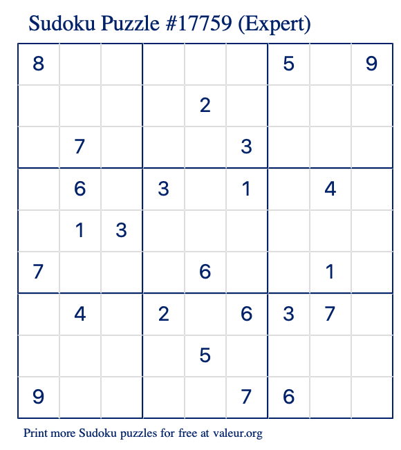 Free Printable Expert Sudoku Puzzle number 17759