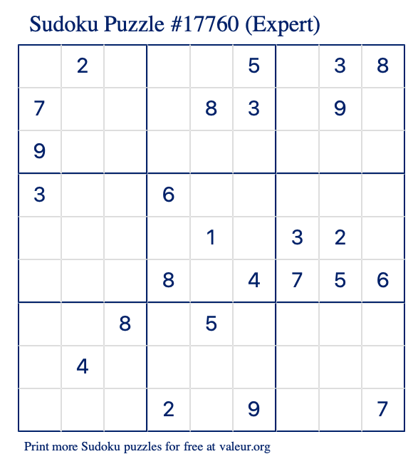 Free Printable Expert Sudoku Puzzle number 17760