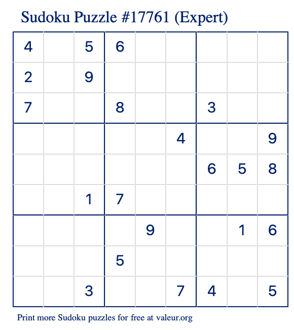 Free Printable Expert Sudoku Puzzle number 17761