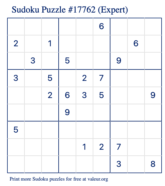 Free Printable Expert Sudoku Puzzle number 17762