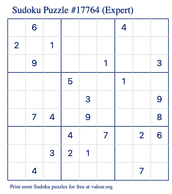 Free Printable Expert Sudoku Puzzle number 17764