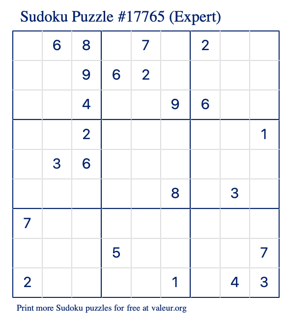 Free Printable Expert Sudoku Puzzle number 17765