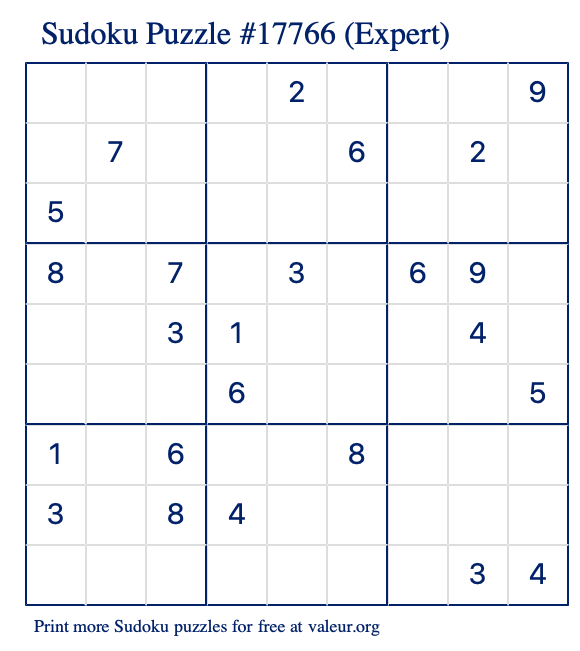 Free Printable Expert Sudoku Puzzle number 17766