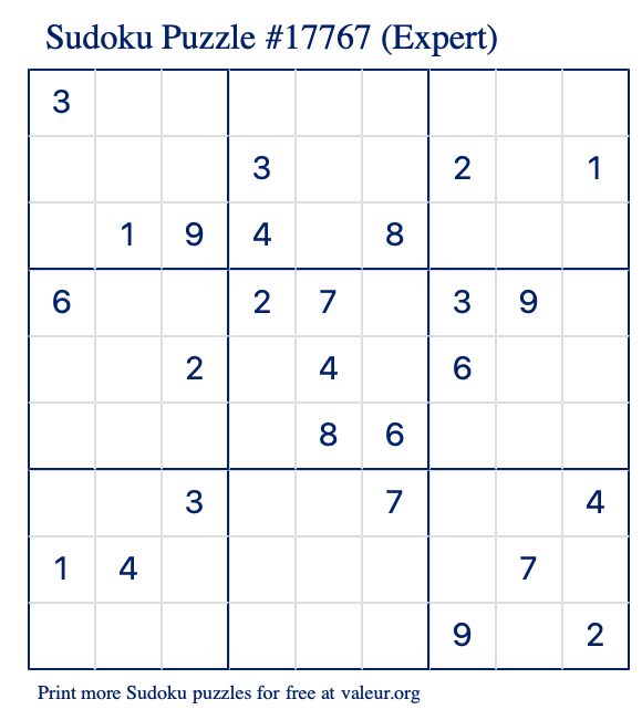 Free Printable Expert Sudoku Puzzle number 17767