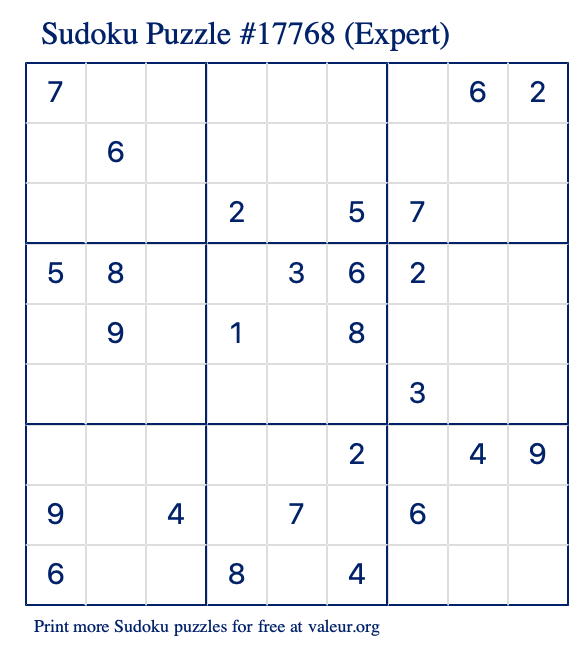 Free Printable Expert Sudoku Puzzle number 17768