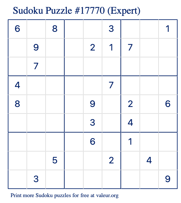 Free Printable Expert Sudoku Puzzle number 17770