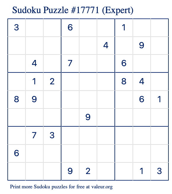 Free Printable Expert Sudoku Puzzle number 17771