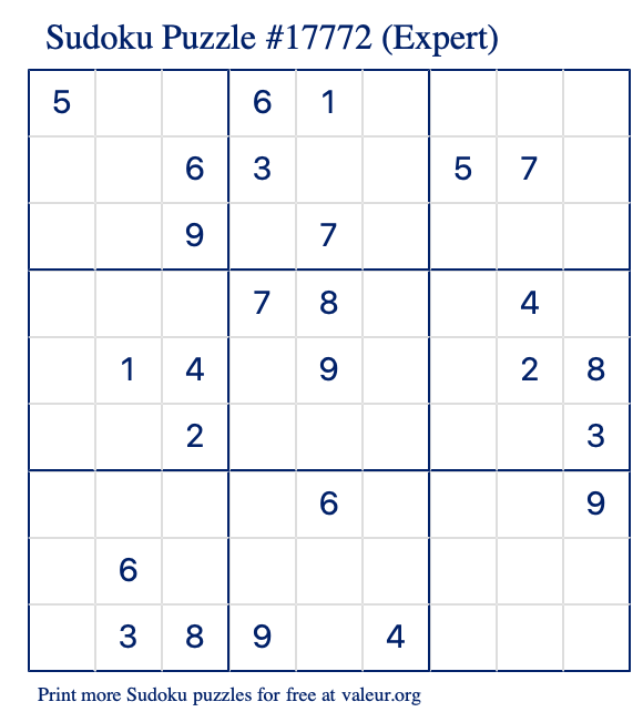 Free Printable Expert Sudoku Puzzle number 17772