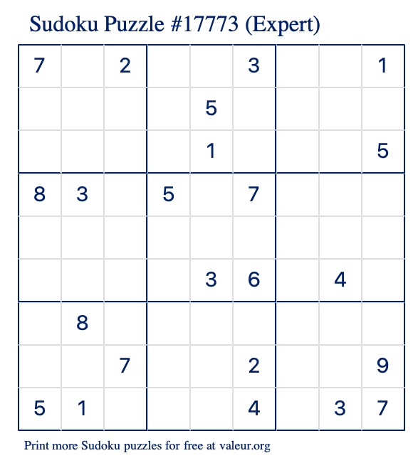 Free Printable Expert Sudoku Puzzle number 17773