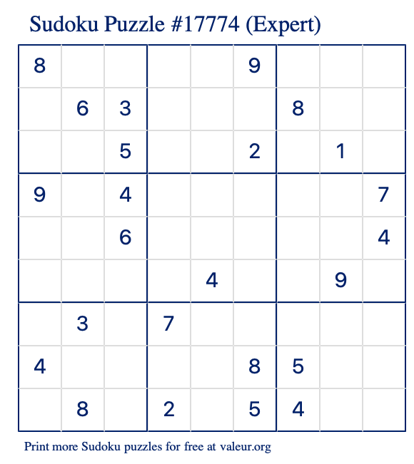 Free Printable Expert Sudoku Puzzle number 17774