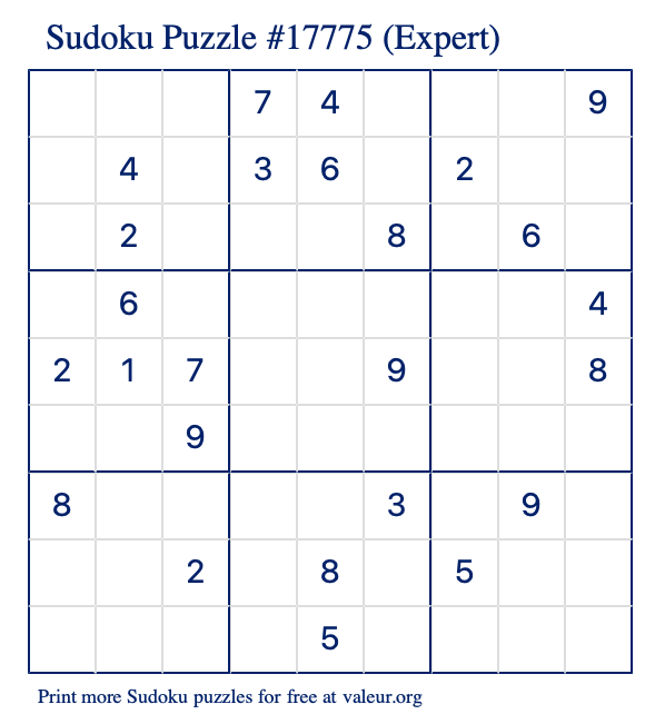 Free Printable Expert Sudoku Puzzle number 17775