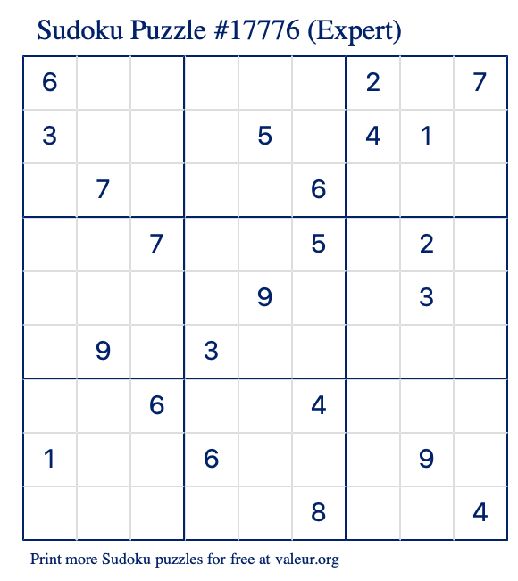 Free Printable Expert Sudoku Puzzle number 17776