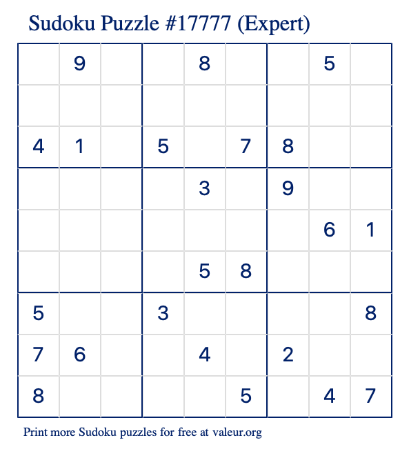 Free Printable Expert Sudoku Puzzle number 17777