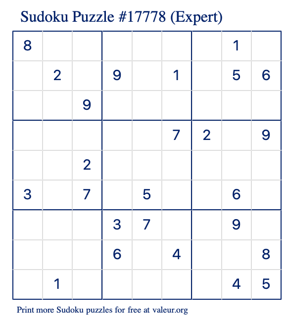 Free Printable Expert Sudoku Puzzle number 17778