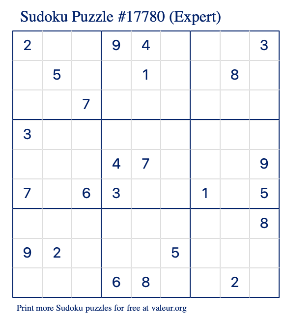 Free Printable Expert Sudoku Puzzle number 17780