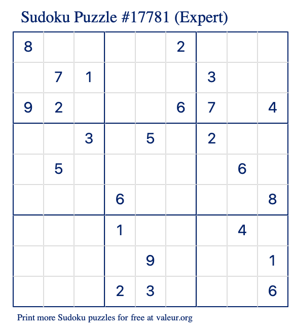 Free Printable Expert Sudoku Puzzle number 17781