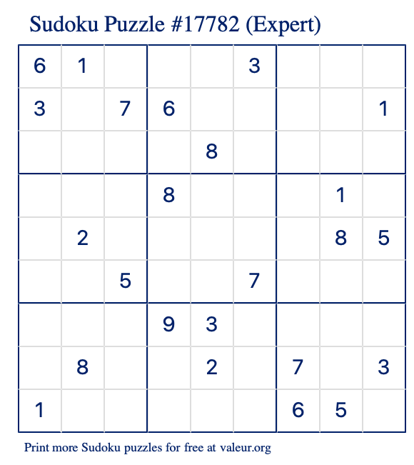 Free Printable Expert Sudoku Puzzle number 17782