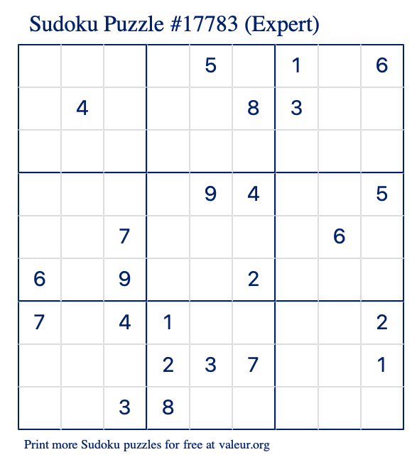 Free Printable Expert Sudoku Puzzle number 17783