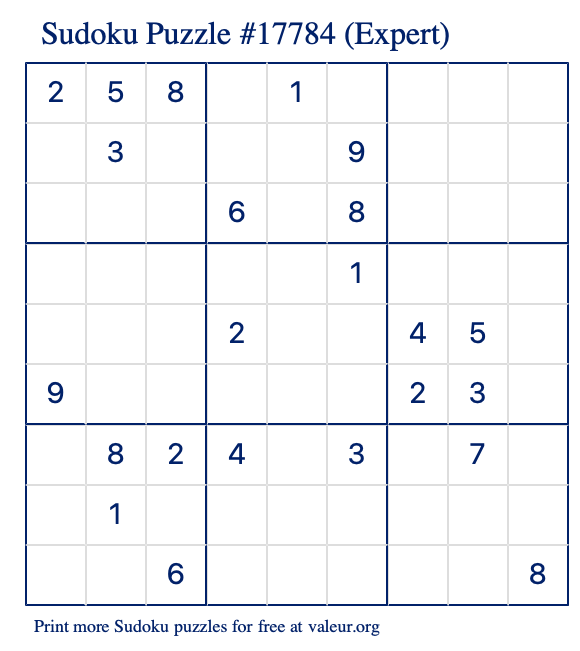 Free Printable Expert Sudoku Puzzle number 17784