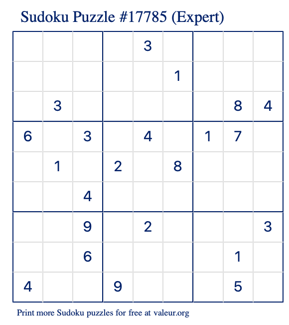 Free Printable Expert Sudoku Puzzle number 17785