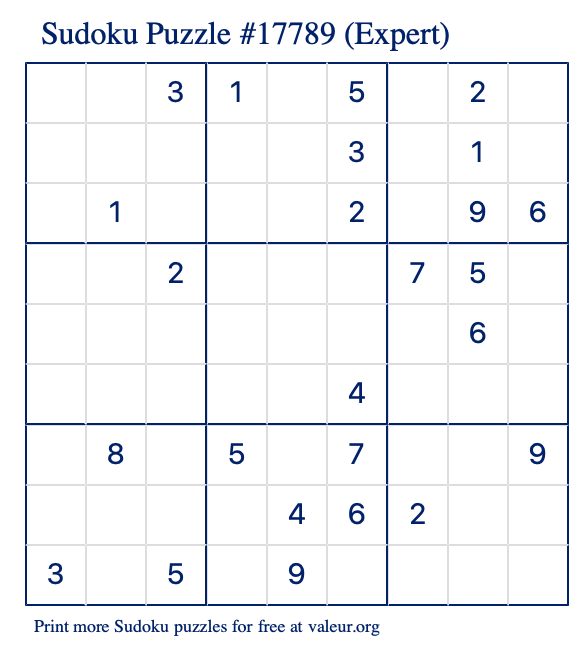 Free Printable Expert Sudoku Puzzle number 17789