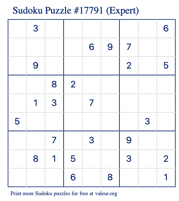 Free Printable Expert Sudoku Puzzle number 17791