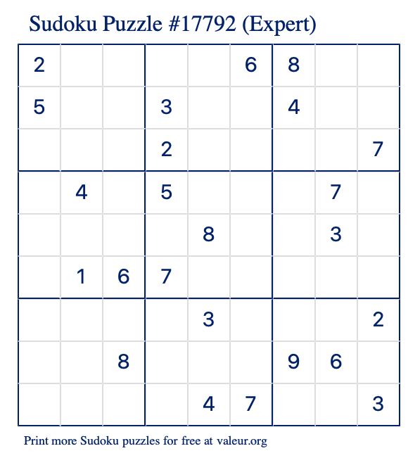 Free Printable Expert Sudoku Puzzle number 17792