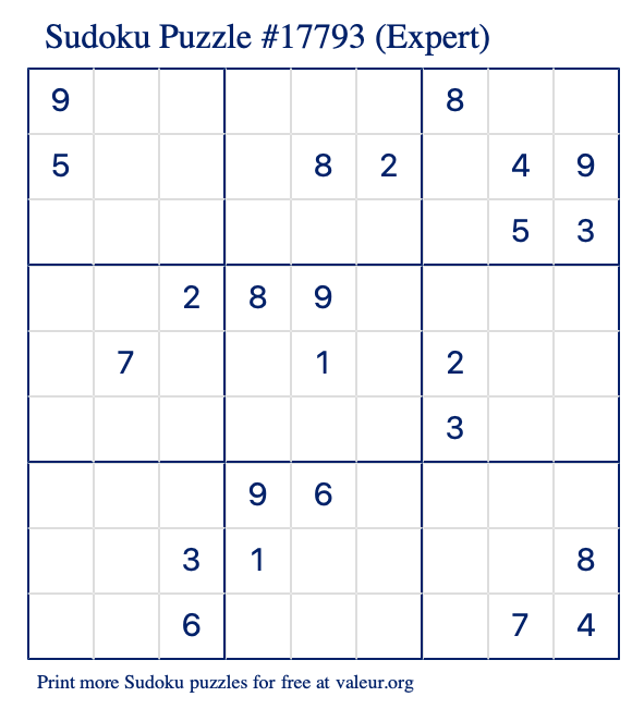 Free Printable Expert Sudoku Puzzle number 17793