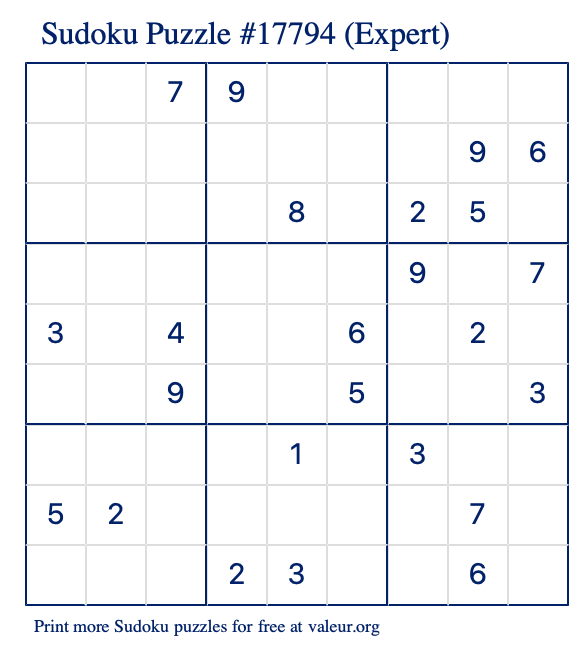 Free Printable Expert Sudoku Puzzle number 17794