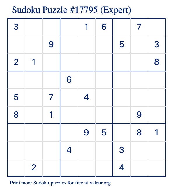 Free Printable Expert Sudoku Puzzle number 17795