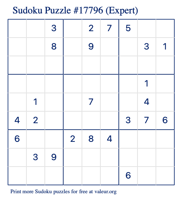 Free Printable Expert Sudoku Puzzle number 17796