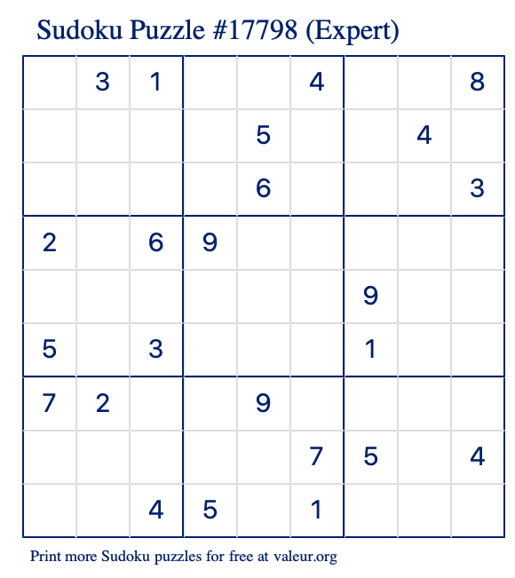 Free Printable Expert Sudoku Puzzle number 17798