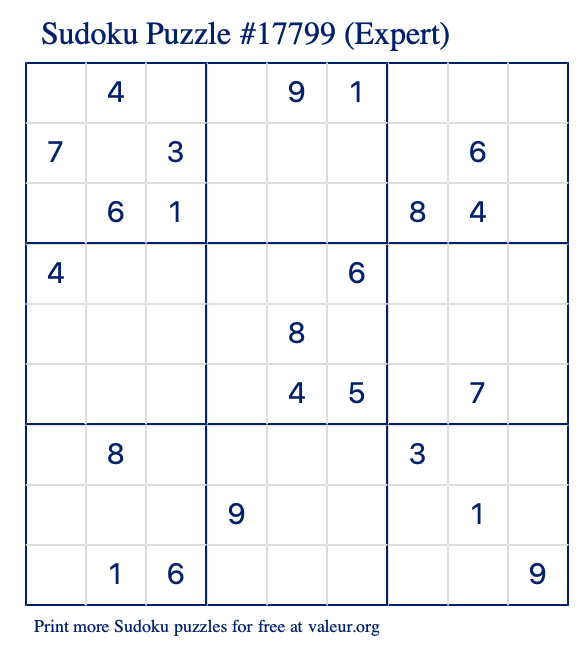 Free Printable Expert Sudoku Puzzle number 17799