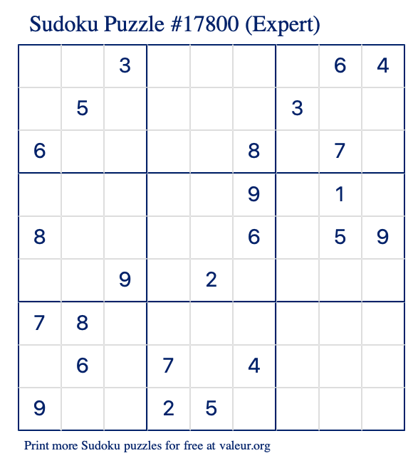 Free Printable Expert Sudoku Puzzle number 17800