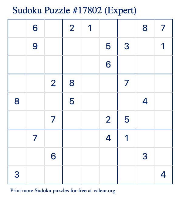 Free Printable Expert Sudoku Puzzle number 17802