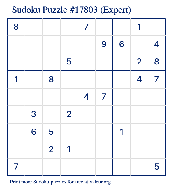 Free Printable Expert Sudoku Puzzle number 17803