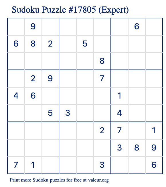 Free Printable Expert Sudoku Puzzle number 17805