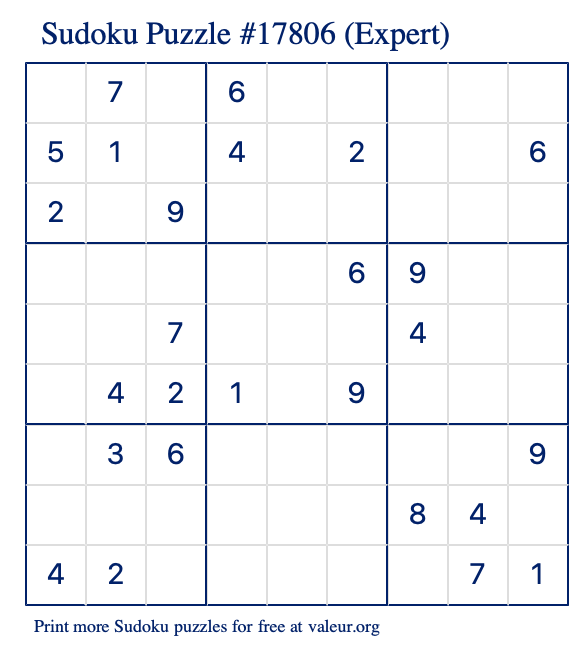 Free Printable Expert Sudoku Puzzle number 17806