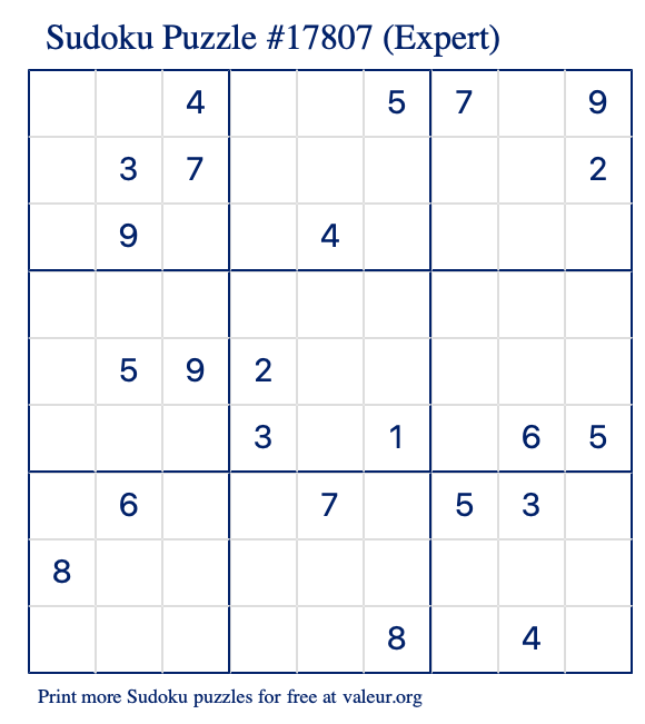 Free Printable Expert Sudoku Puzzle number 17807