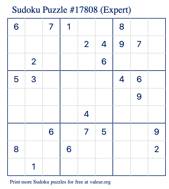 Free Printable Expert Sudoku Puzzle number 17808