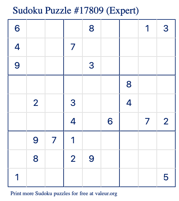 Free Printable Expert Sudoku Puzzle number 17809