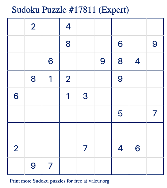Free Printable Expert Sudoku Puzzle number 17811