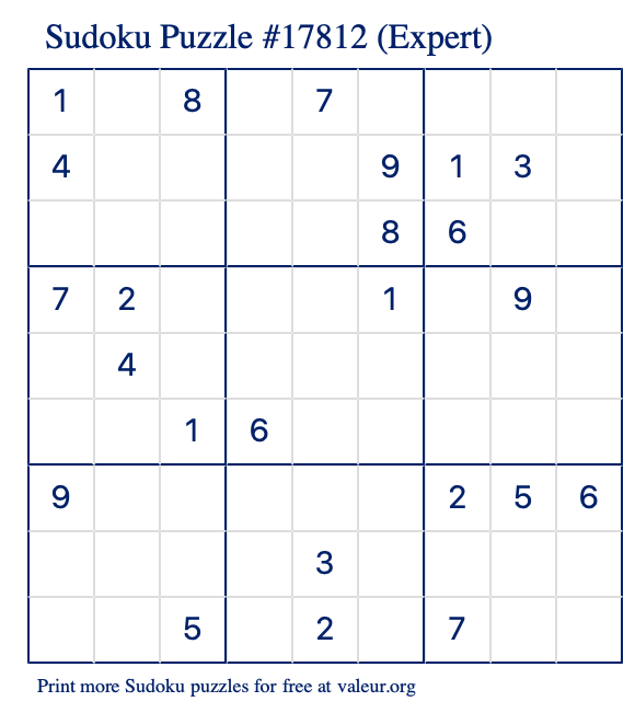 Free Printable Expert Sudoku Puzzle number 17812