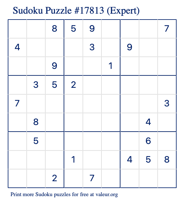 Free Printable Expert Sudoku Puzzle number 17813