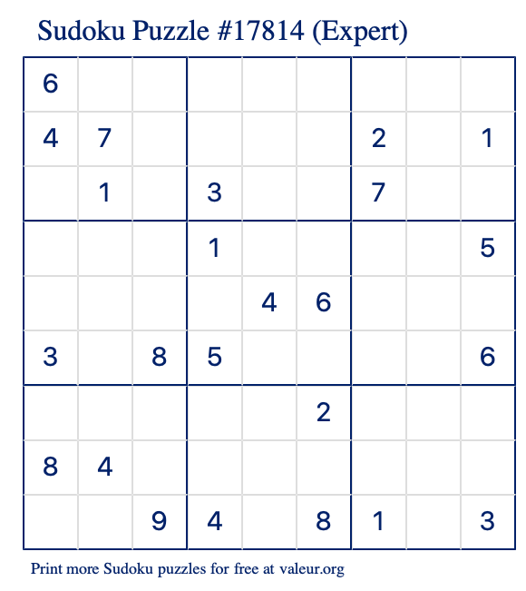 Free Printable Expert Sudoku Puzzle number 17814