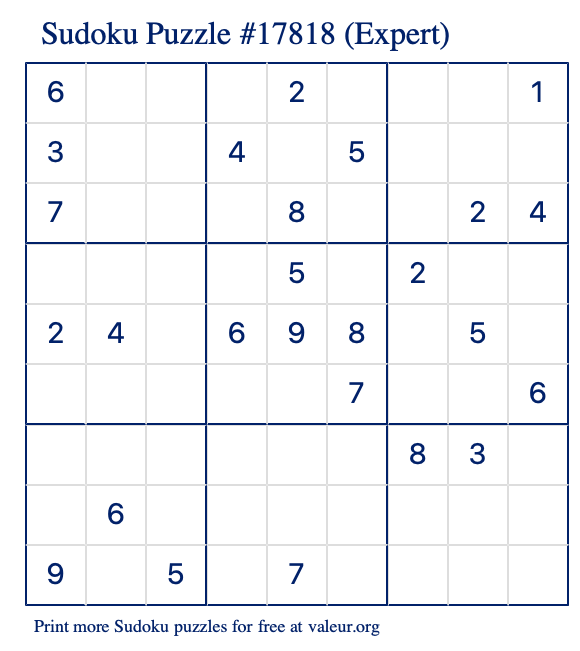 Free Printable Expert Sudoku Puzzle number 17818